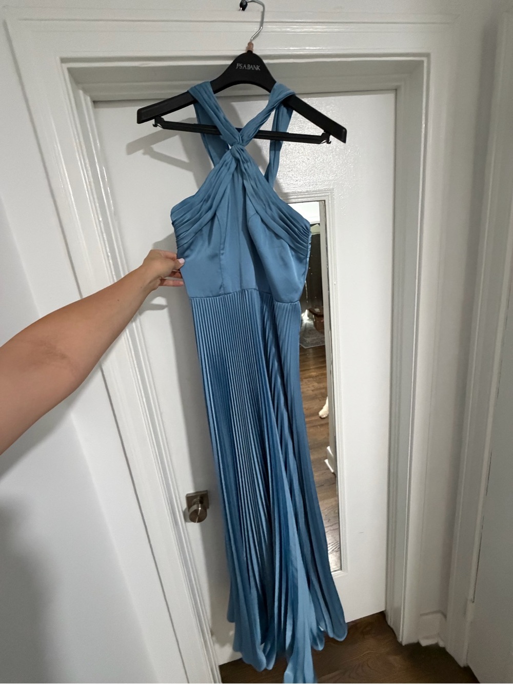Azazie Dusty Blue Crisscross Pleated Maxi Dress